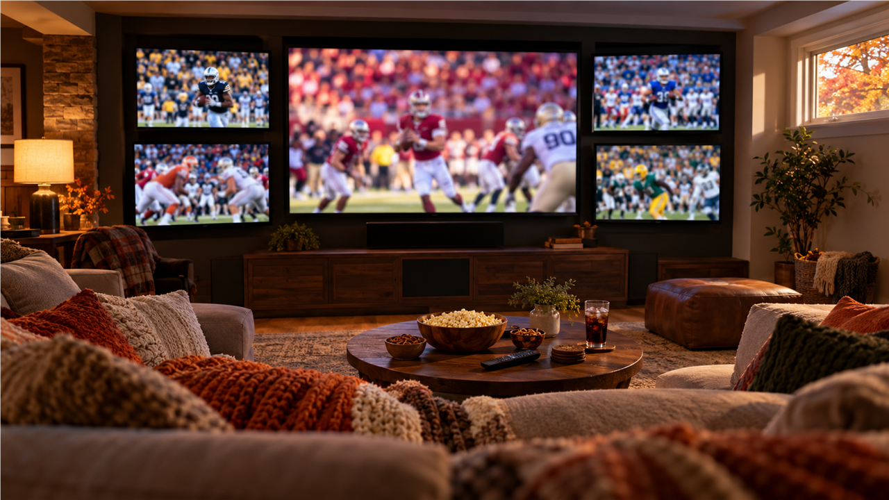 Wall of TV screens in a sports-bar style living room showing several college football games at once