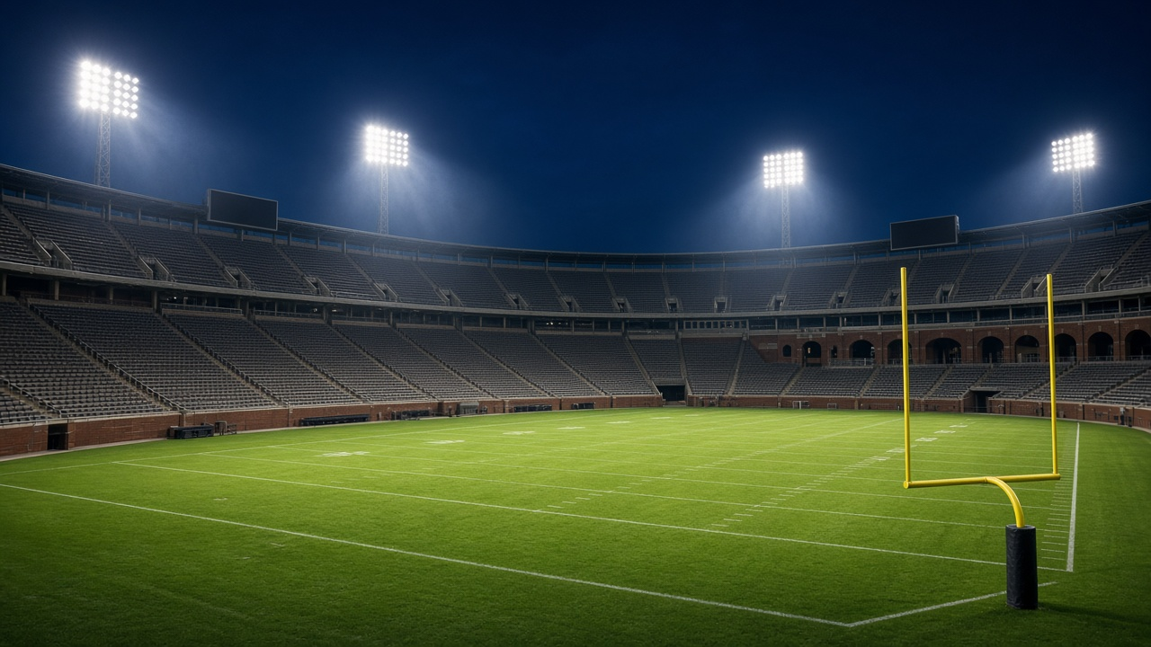 Empty college football stadium at night with a yellow goalpost in the foreground, floodlights over a green field with white yard lines, empty gray seats and a dark blue sky