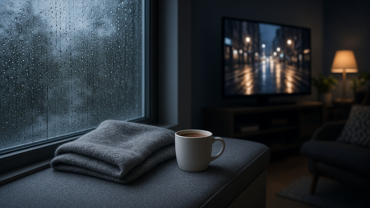Window seat on a rainy evening with raindrops on the glass, a gray wool throw and a plain mug of cocoa on the cushion, and a TV showing a blurred city street at night