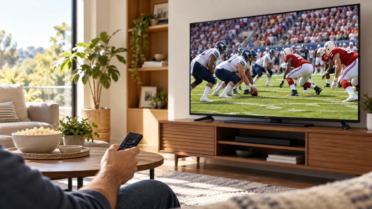 Living-room television showing a live football game