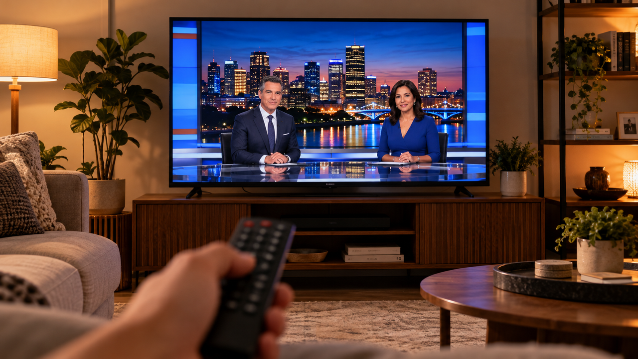 Living-room television showing a local evening news broadcast