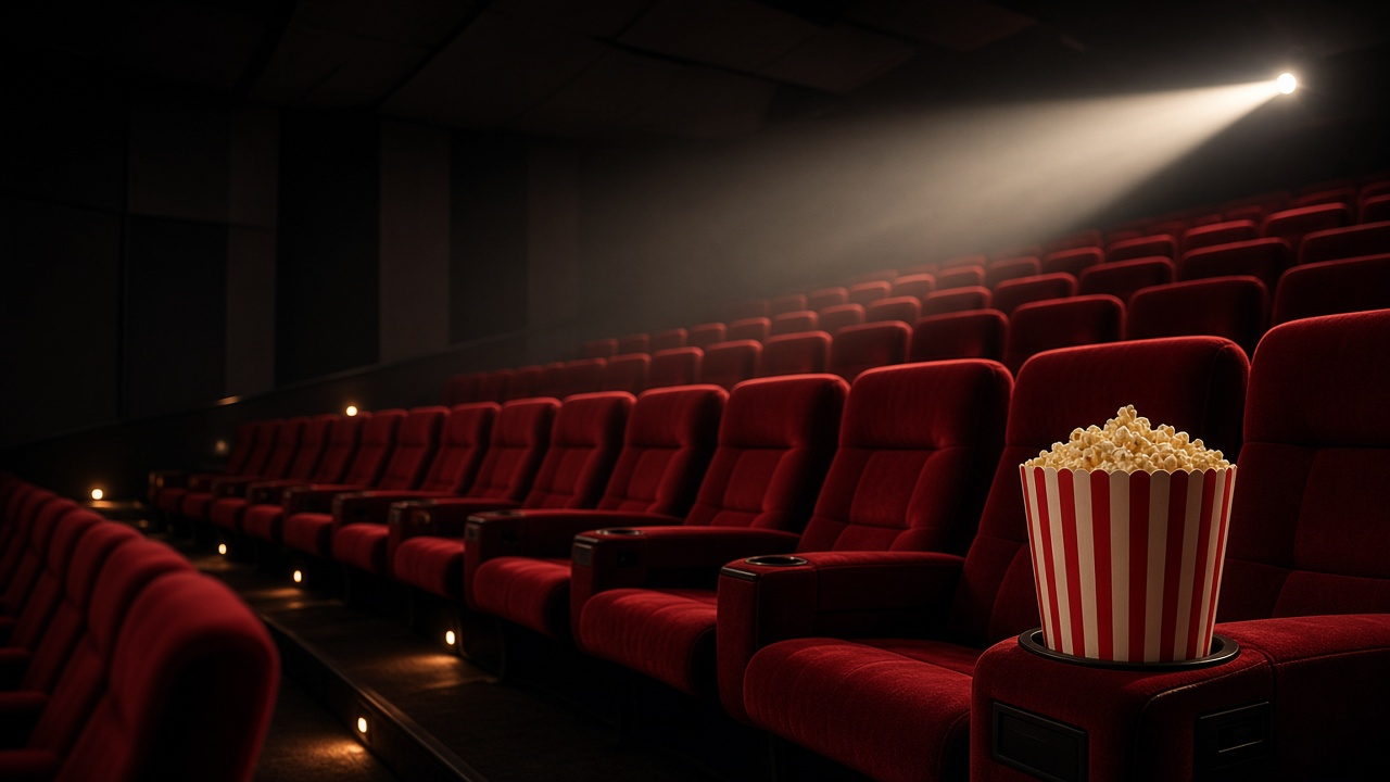 Empty movie theater with rows of red velvet seats and a tub of popcorn on an armrest, lit by a hazy projector beam