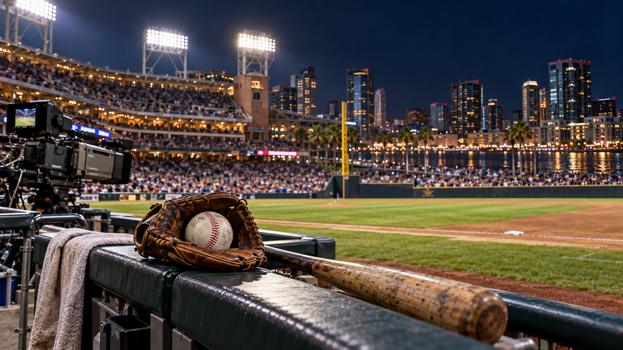 Baseball glove, ball and bat beside a night stadium overlooking downtown San Diego